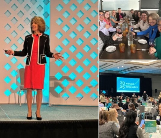 Collage showing Diane Sieg speaking on stage, a networking dinner, and attendees at the 2025 Nursing Symposium, highlighting her role in the Well‑Being Coaching Initiative and professional speaking engagements.